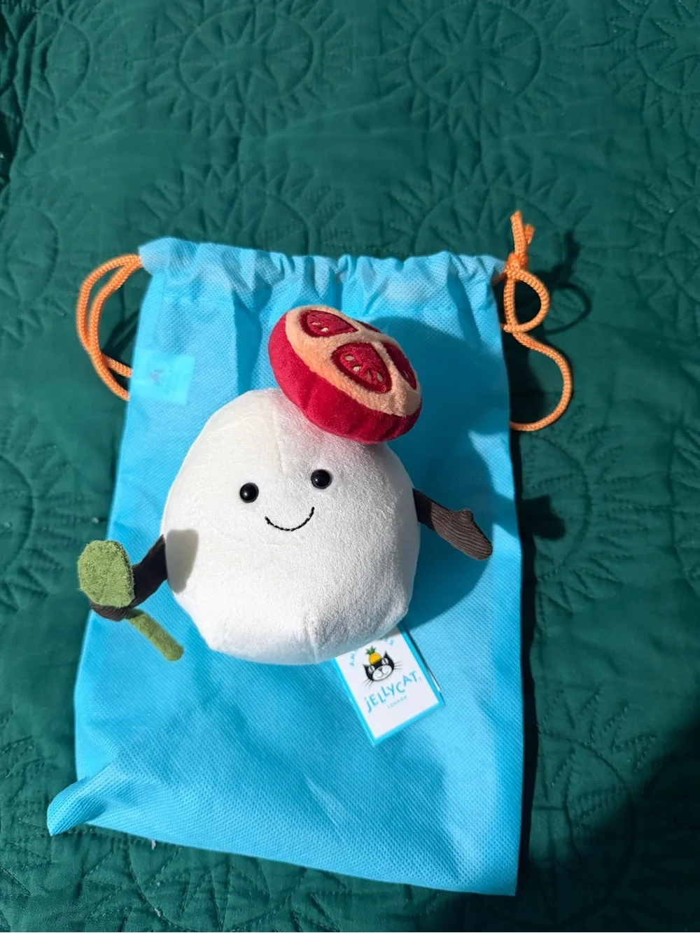 Jellycat White Plush Dumpling with Red Mushroom Cap and Green Stem